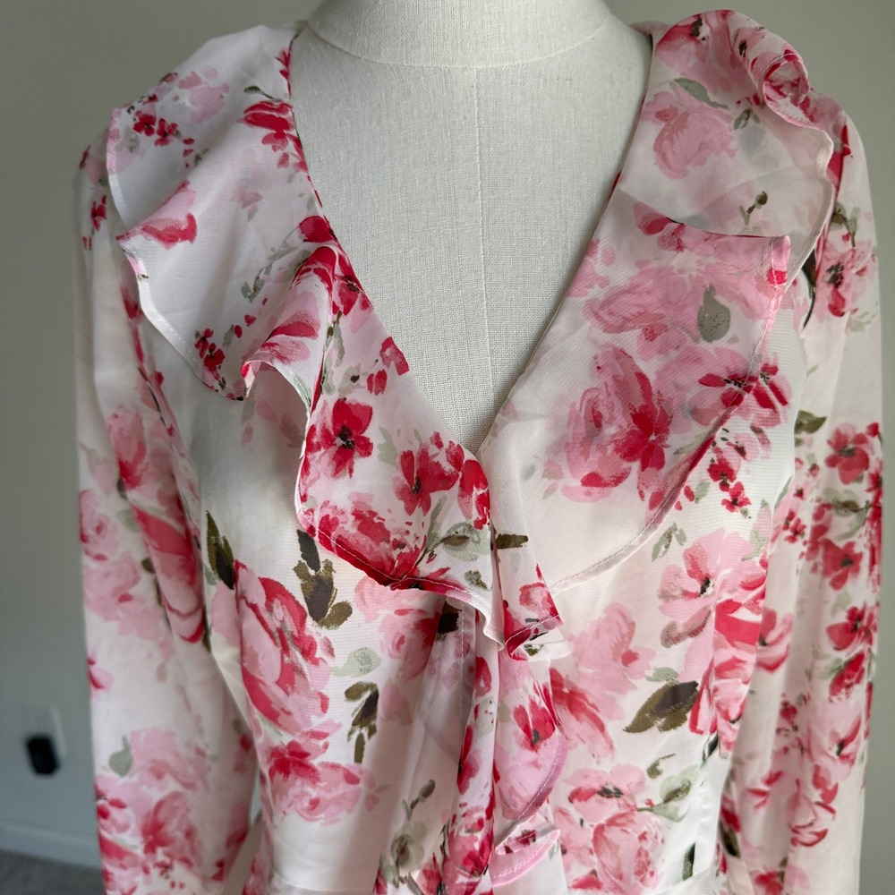 IF BY SEA Floral Ruffle Blouse Women's Small Pink Romantic Long Sleeve Romantic - Picture 2 of 9